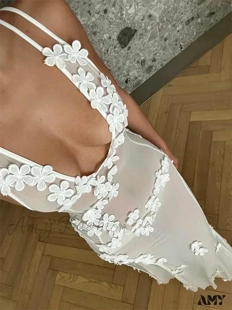 Amy Fashion - Flowers  for Women Sexy Sleeveless Strap High Split Backless Mesh See Through Vestidos Party Clubwear