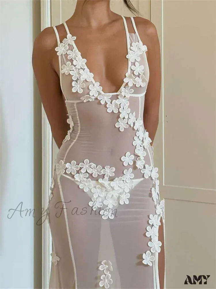 Amy Fashion - Flowers  for Women Sexy Sleeveless Strap High Split Backless Mesh See Through Vestidos Party Clubwear