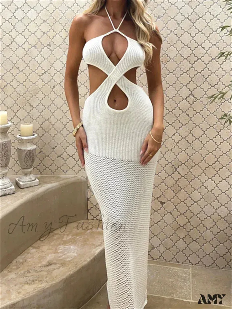 Amy Fashion - Women Sleeveless Off Shoulder Halter  Cutout Backless Summer Backless Party Beach Club Vestidos