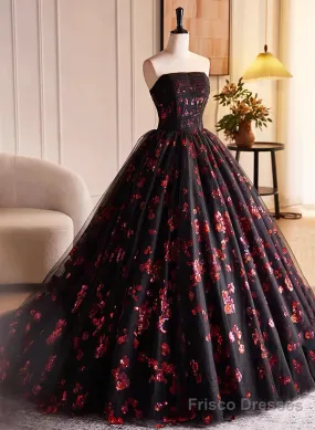 Black And Red Tulle Floral Sweet 16 Dress, Black And Red Party Dress Prom Dress
