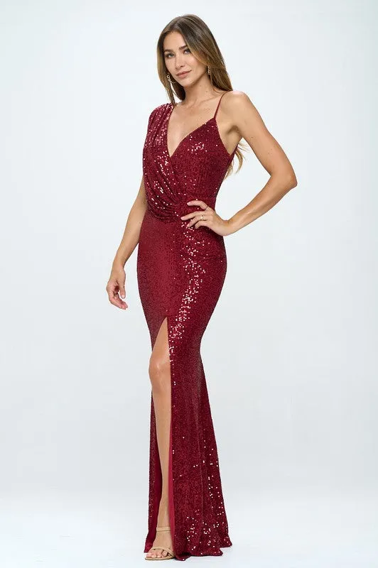 Burgundy Long Sleeveless Sequined Evening Dress