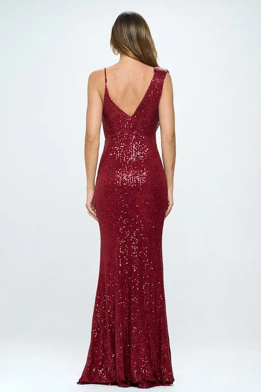 Burgundy Long Sleeveless Sequined Evening Dress