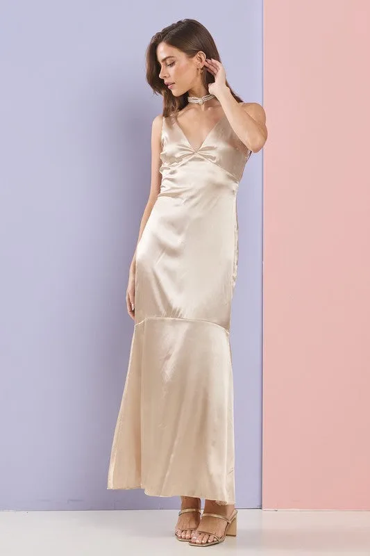 Champagne Gorgeous V Neck Mermaid Satin Maxi Dress