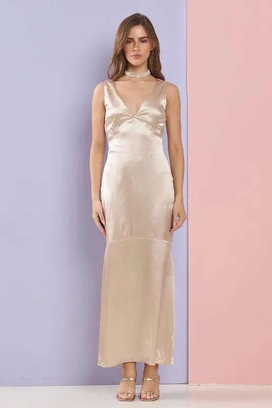 Champagne Gorgeous V Neck Mermaid Satin Maxi Dress