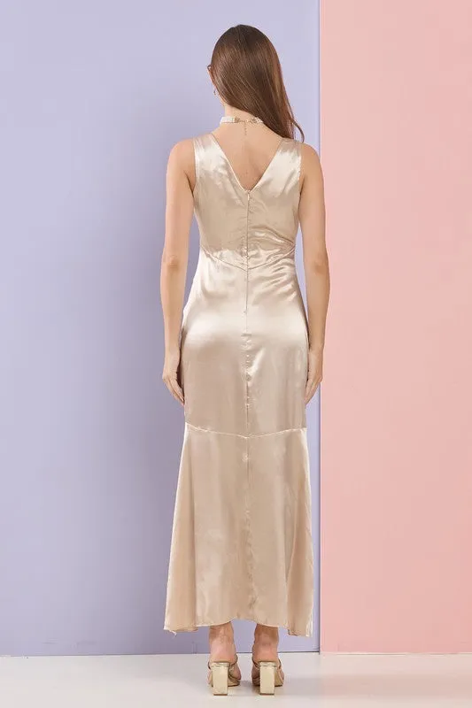 Champagne Gorgeous V Neck Mermaid Satin Maxi Dress
