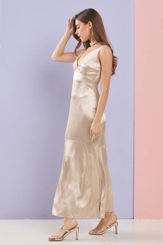 Champagne Gorgeous V Neck Mermaid Satin Maxi Dress