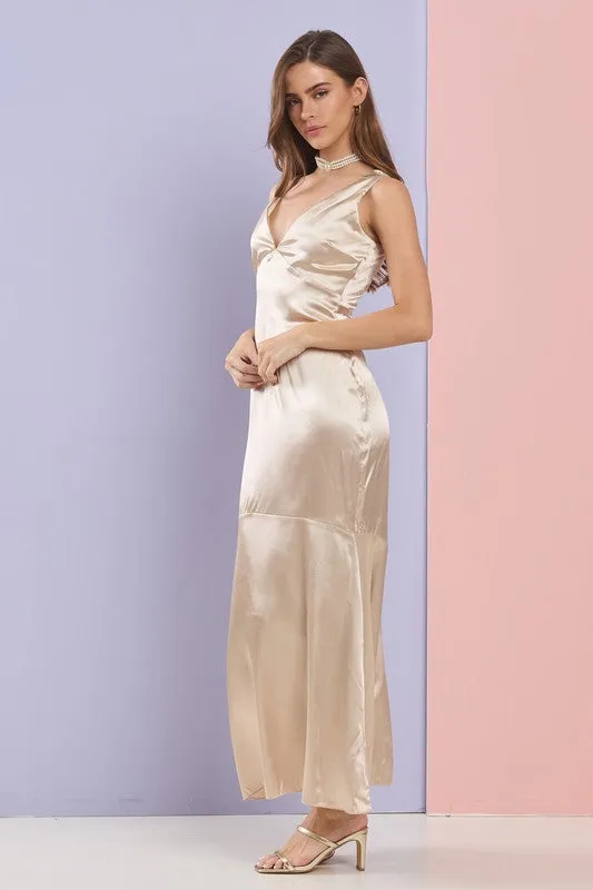 Champagne Gorgeous V Neck Mermaid Satin Maxi Dress