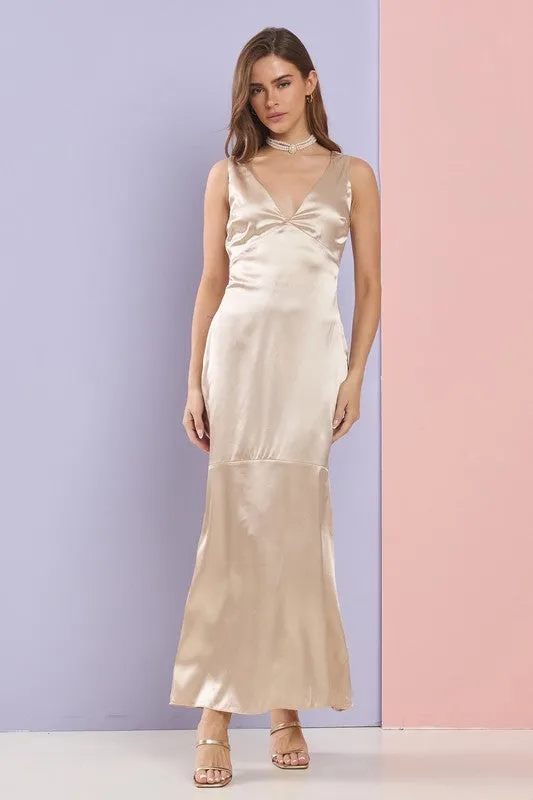 Champagne Gorgeous V Neck Mermaid Satin Maxi Dress