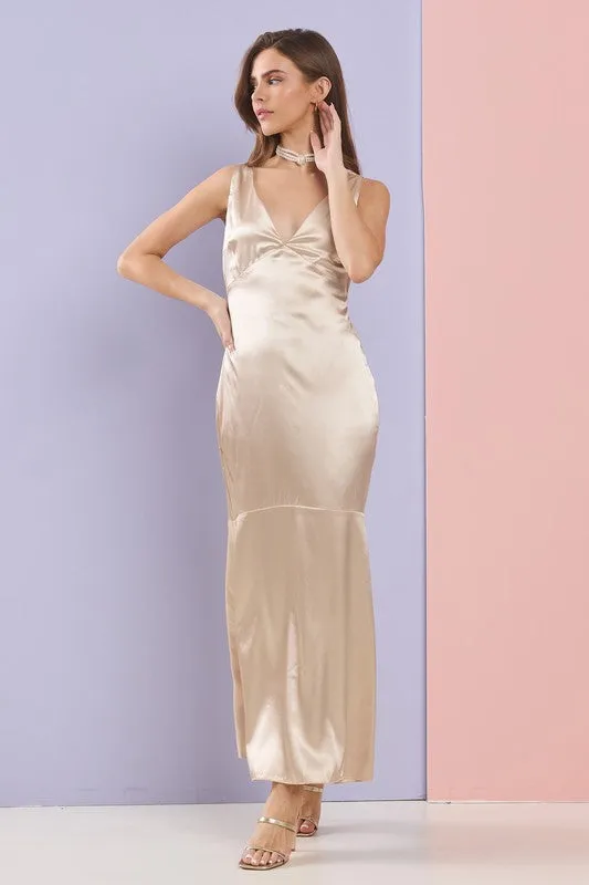 Champagne Gorgeous V Neck Mermaid Satin Maxi Dress