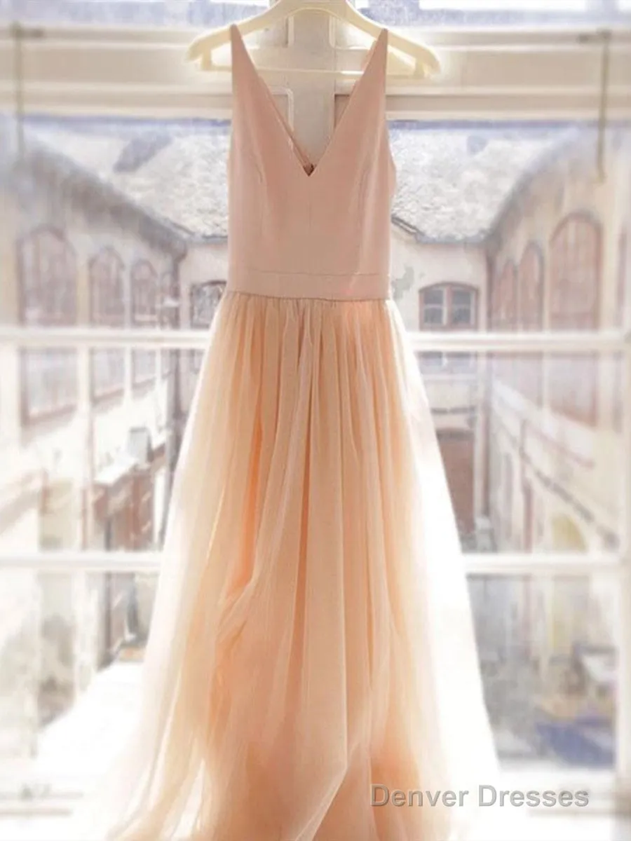 Custom Made A Line V Neck Champagne Tulle Prom Dresses, Champagne Wedding Dresses, A Line V Neck Graduation Dresses