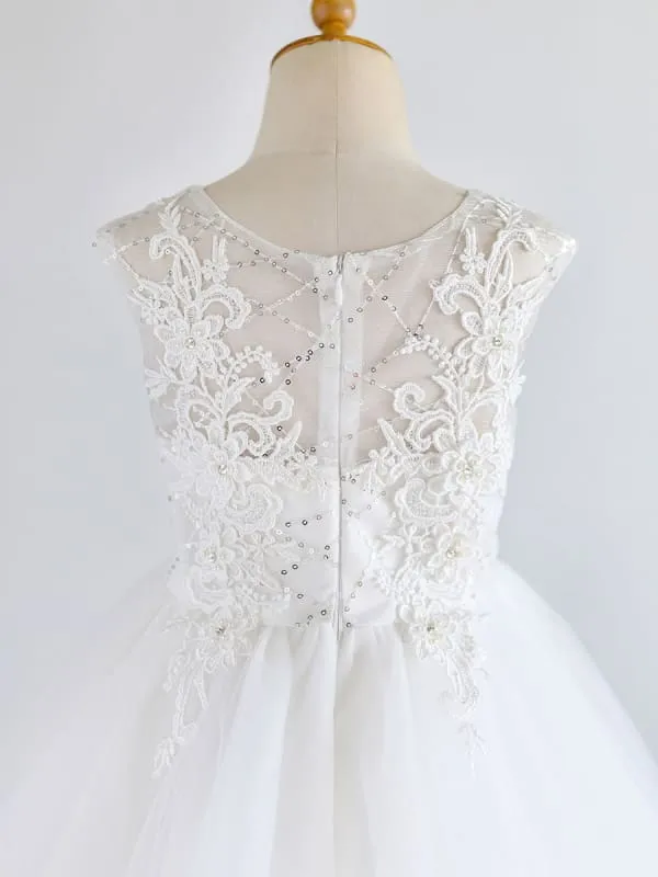 Cute White Tulle Lace Appliques Flower Girl Dresses Jewel Neck Sleeveless Pearls Kids Dresses