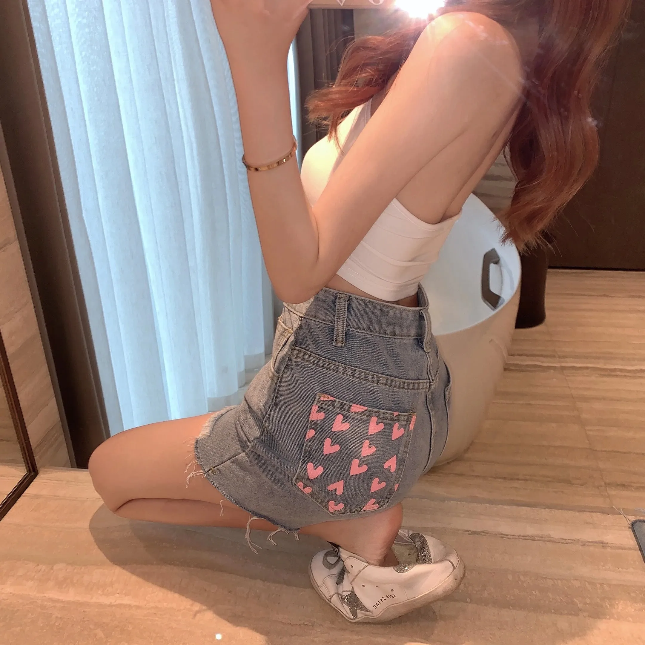 Heart Love Back Printed Denim Shorts Pants