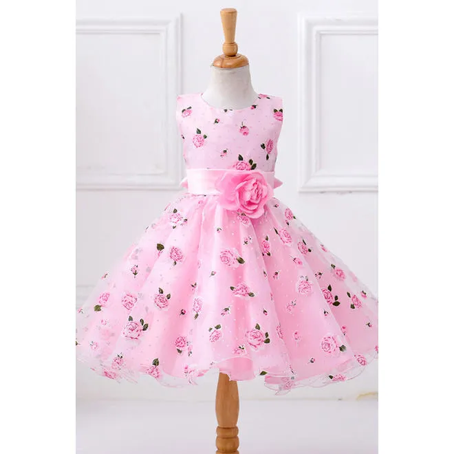 Kids Girls Flower Decorated Waist Floral Printed Sleeveless A-Line Skirt Dress - C597KMKGD