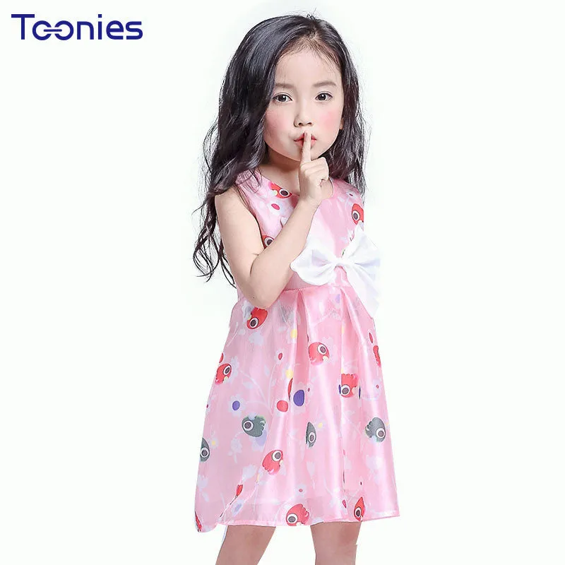 New Chiffon Girl Dresses Front Big Bow Pink Children Party Wedding Costume Dress Sleeveless Cartoon Print Vestido Clothes 3-8Yrs