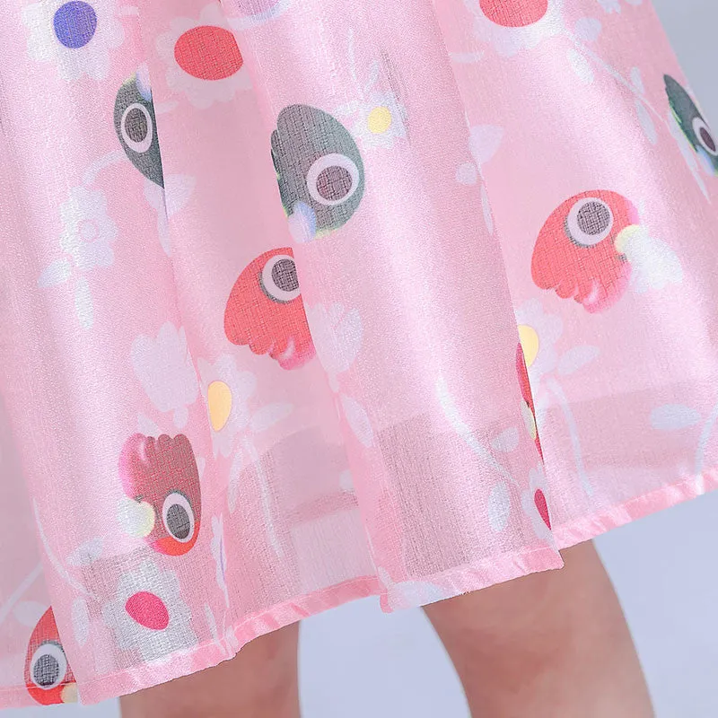 New Chiffon Girl Dresses Front Big Bow Pink Children Party Wedding Costume Dress Sleeveless Cartoon Print Vestido Clothes 3-8Yrs