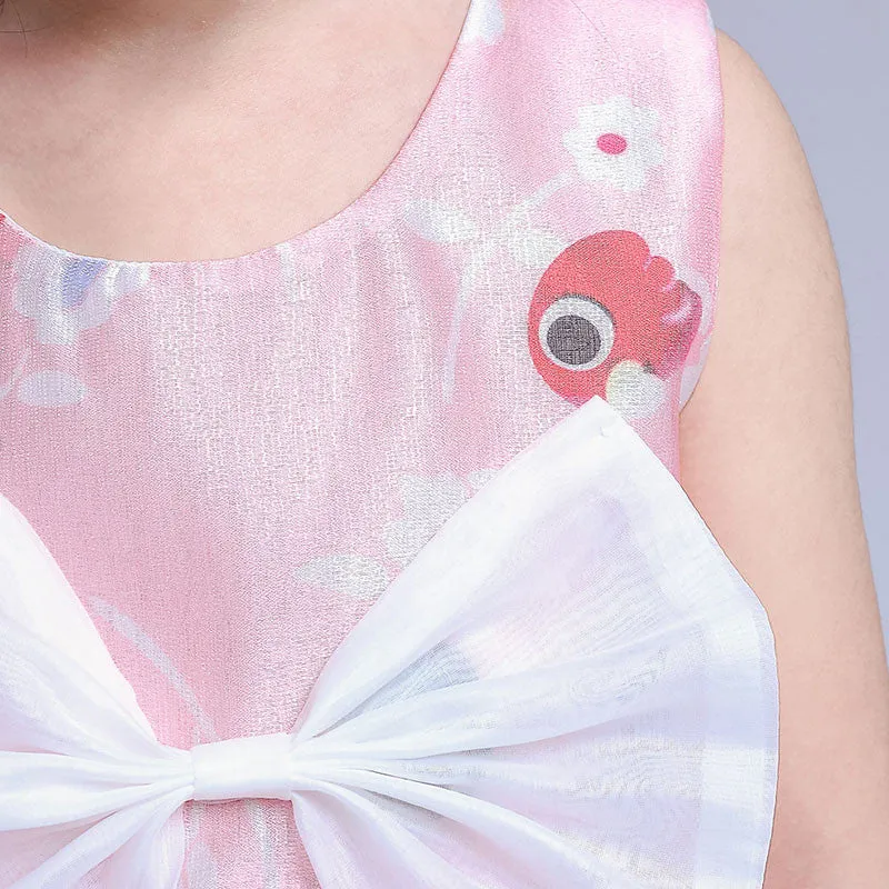 New Chiffon Girl Dresses Front Big Bow Pink Children Party Wedding Costume Dress Sleeveless Cartoon Print Vestido Clothes 3-8Yrs