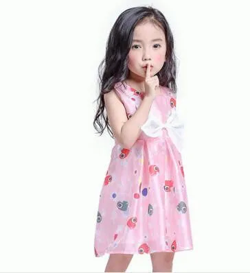 New Chiffon Girl Dresses Front Big Bow Pink Children Party Wedding Costume Dress Sleeveless Cartoon Print Vestido Clothes 3-8Yrs