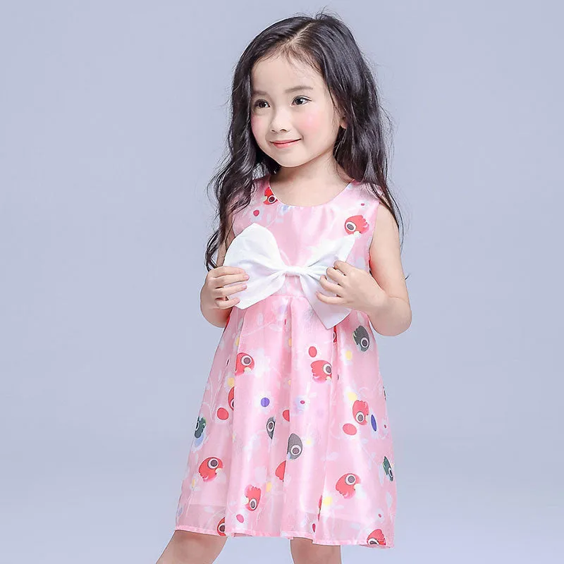 New Chiffon Girl Dresses Front Big Bow Pink Children Party Wedding Costume Dress Sleeveless Cartoon Print Vestido Clothes 3-8Yrs