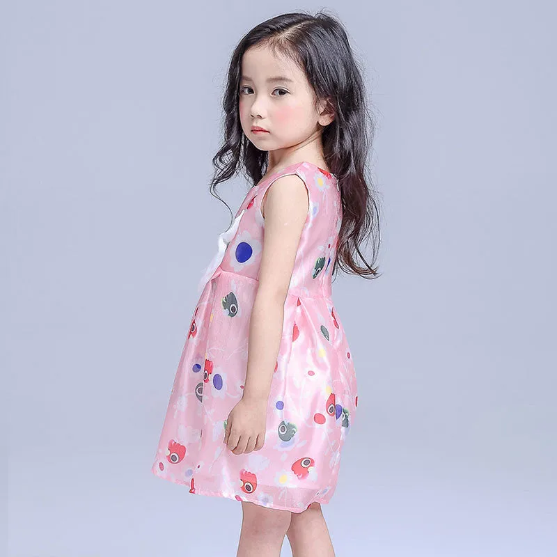 New Chiffon Girl Dresses Front Big Bow Pink Children Party Wedding Costume Dress Sleeveless Cartoon Print Vestido Clothes 3-8Yrs