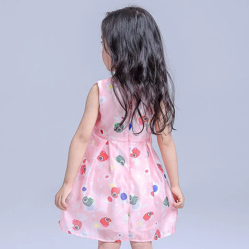 New Chiffon Girl Dresses Front Big Bow Pink Children Party Wedding Costume Dress Sleeveless Cartoon Print Vestido Clothes 3-8Yrs