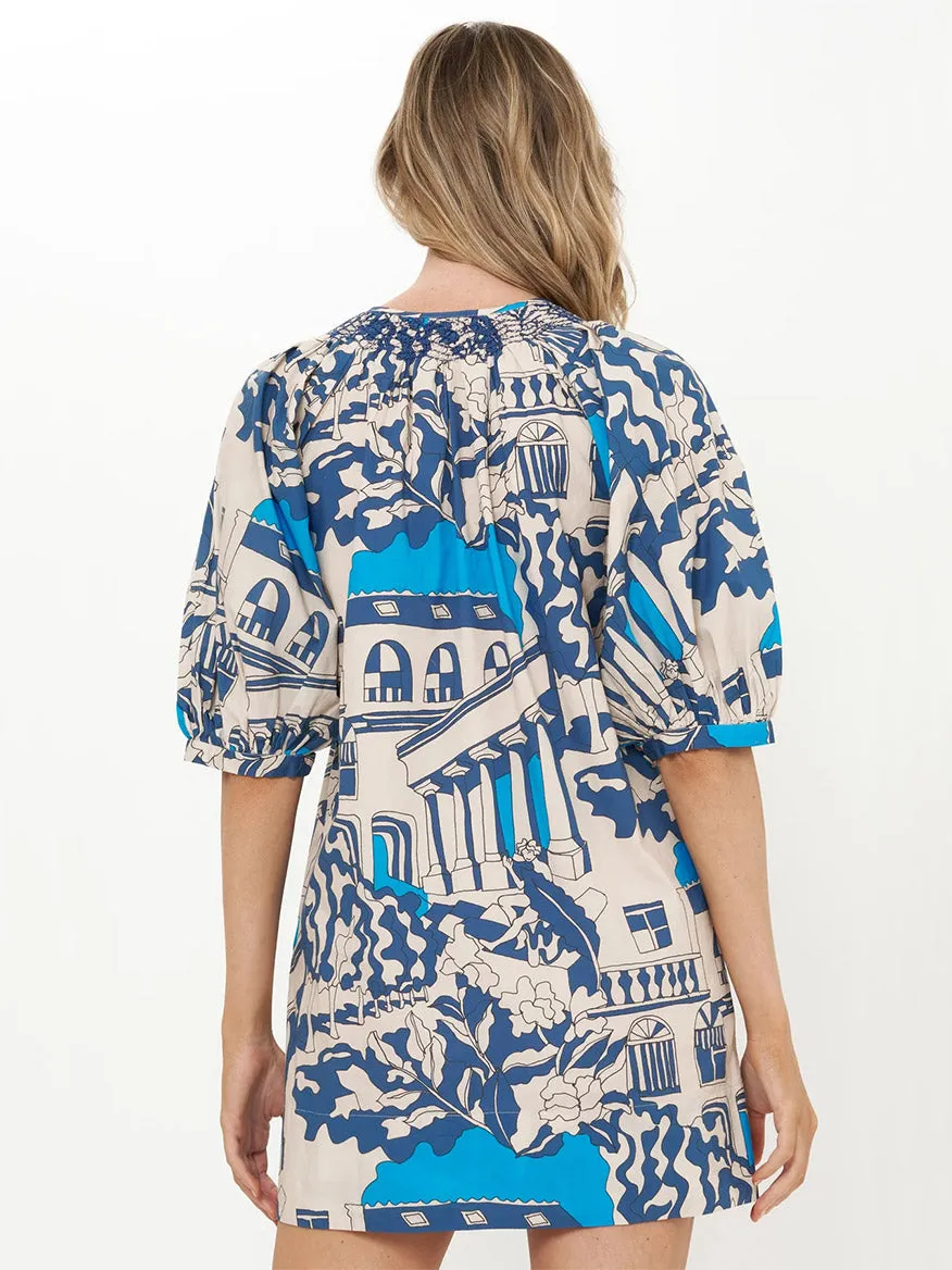 Oliphant Embroidered Button Mini Dress in Roma Blue