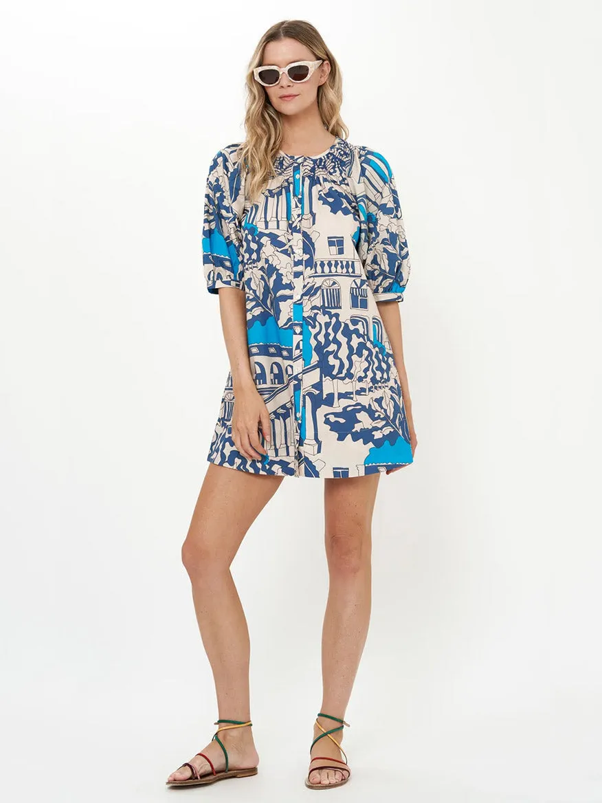 Oliphant Embroidered Button Mini Dress in Roma Blue