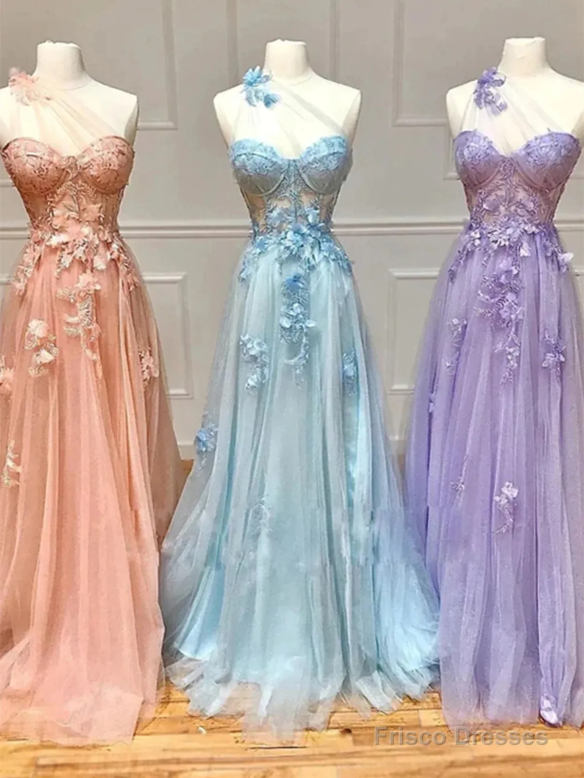 One Shoulder Pink/Blue/Purple Lace Floral Long Prom Dresses