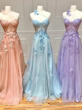One Shoulder Pink/Blue/Purple Lace Floral Long Prom Dresses