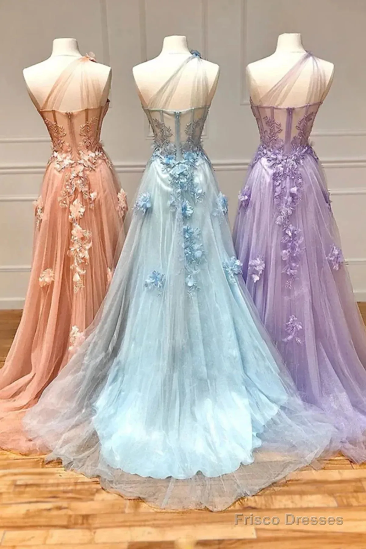 One Shoulder Pink/Blue/Purple Lace Floral Long Prom Dresses