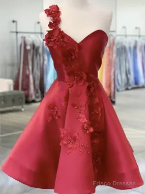 One Shoulder Short Burgundy Satin Prom Dresses, Wine Red Short Floral Formal Graduation Dresses