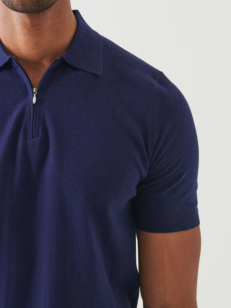 Patrick Assaraf Cotton Cashmere Quarter Zip Polo in Navy
