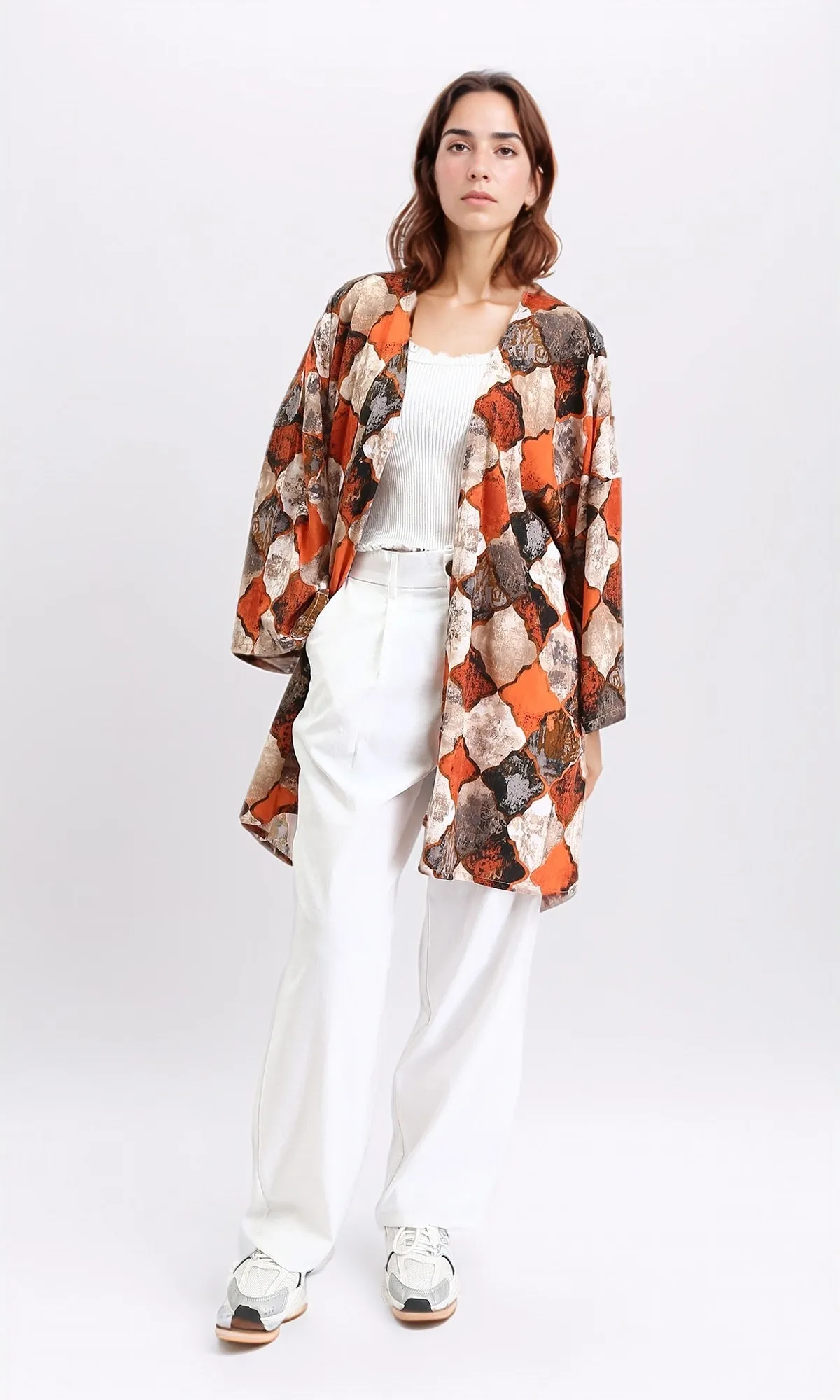 R209482 - Patterned Long Sleeves Casual Cardigan - Orange & Brown