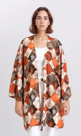 R209482 - Patterned Long Sleeves Casual Cardigan - Orange & Brown