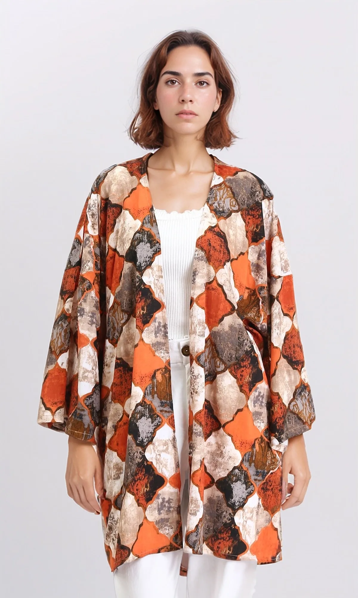 R209482 - Patterned Long Sleeves Casual Cardigan - Orange & Brown