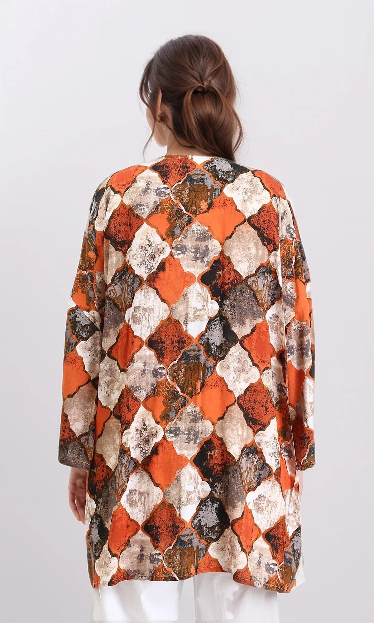 R209482 - Patterned Long Sleeves Casual Cardigan - Orange & Brown