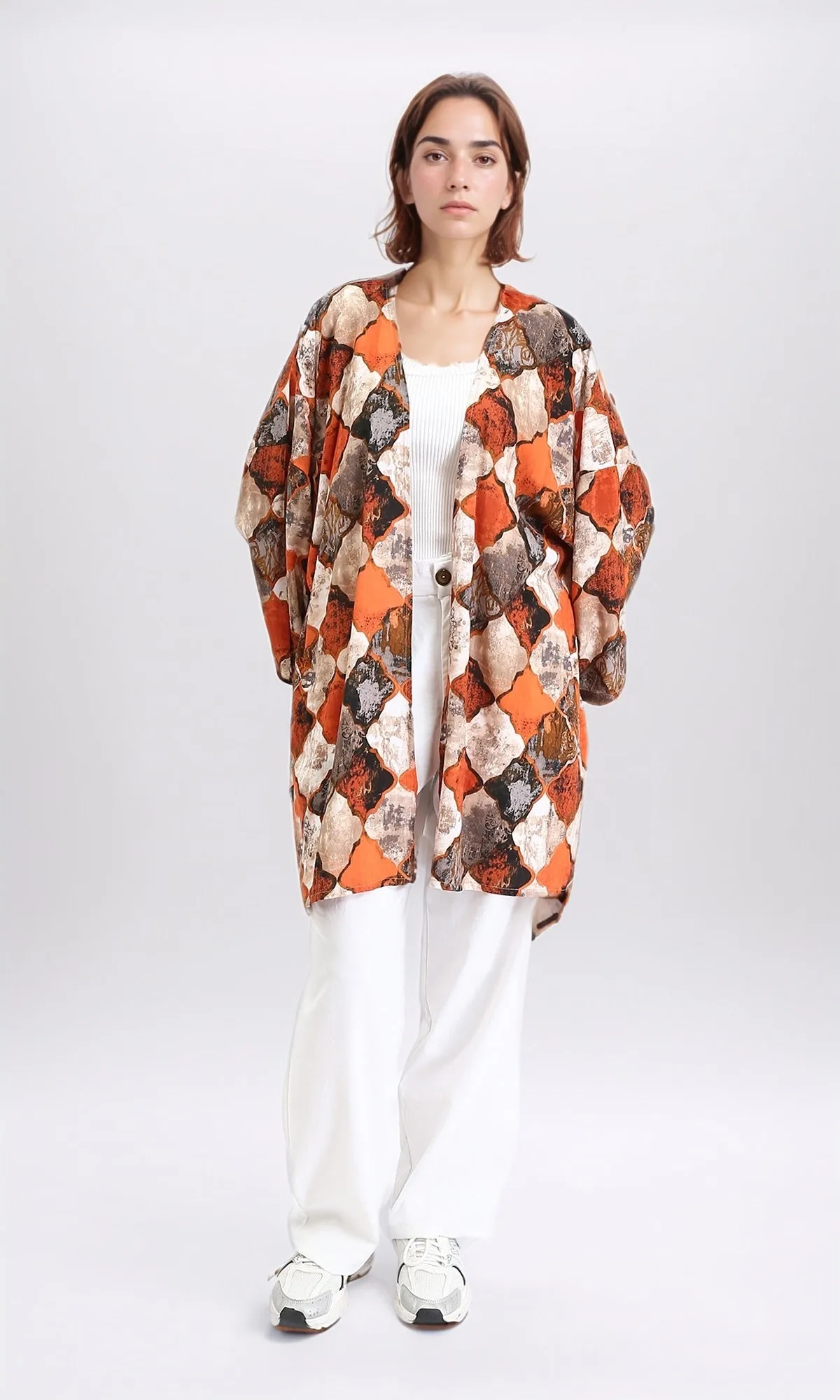 R209482 - Patterned Long Sleeves Casual Cardigan - Orange & Brown