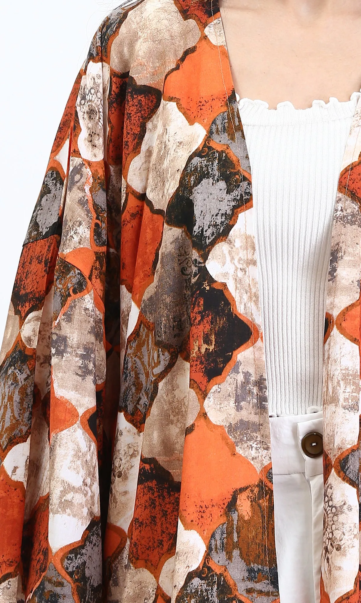 R209482 - Patterned Long Sleeves Casual Cardigan - Orange & Brown