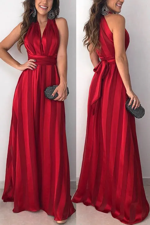 Stripe V Neck Belted Sleeveless Maxi Dress