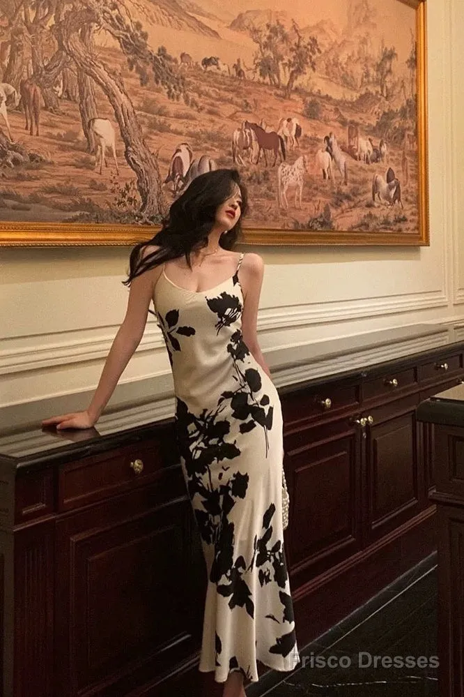 Stunning Sheath Spaghetti Straps Floral White Date Night Dress Prom Dresses Birthday Outfit