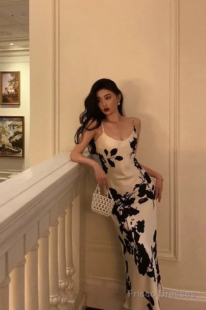 Stunning Sheath Spaghetti Straps Floral White Date Night Dress Prom Dresses Birthday Outfit