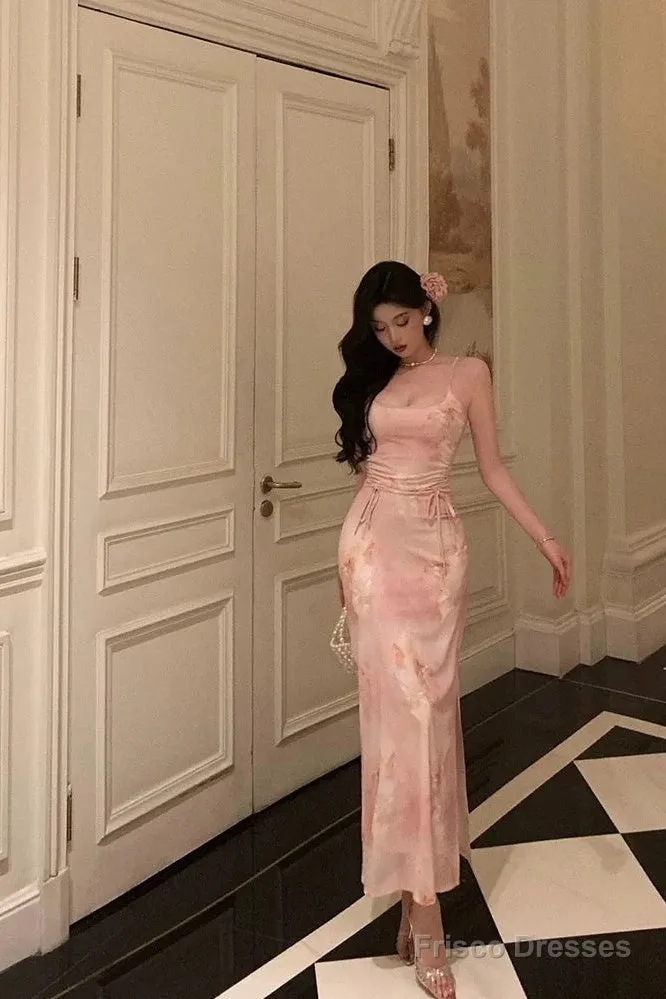 Stunning Sheath Spaghetti Straps Pink Floral Date Night Dress Prom Dresses Birthday Outfit