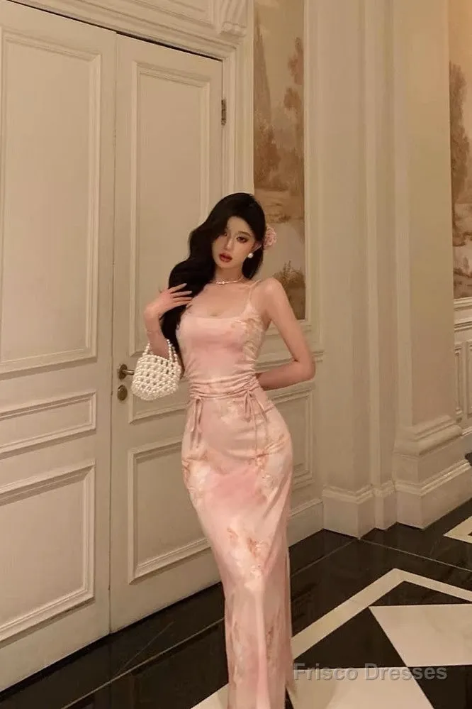 Stunning Sheath Spaghetti Straps Pink Floral Date Night Dress Prom Dresses Birthday Outfit